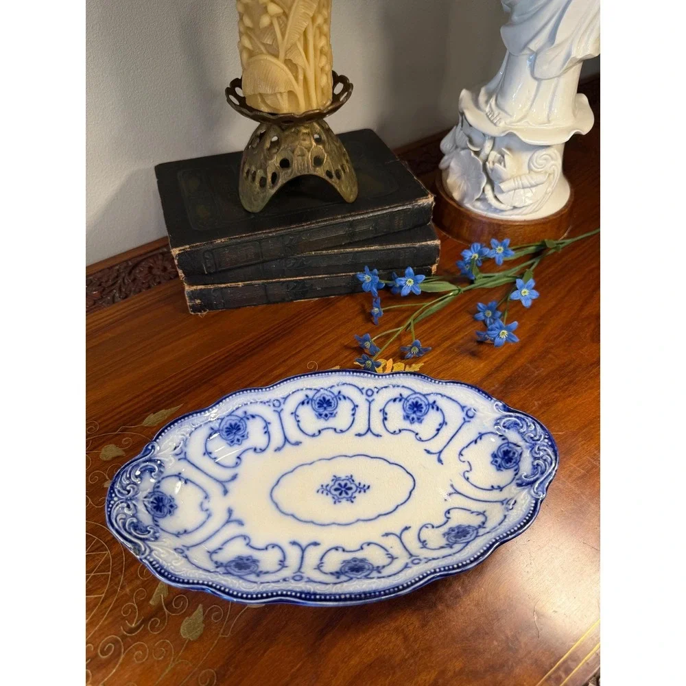 Antique W.H. Grindley Beaufort Flow Blue Dish • Oval Vanity Tray